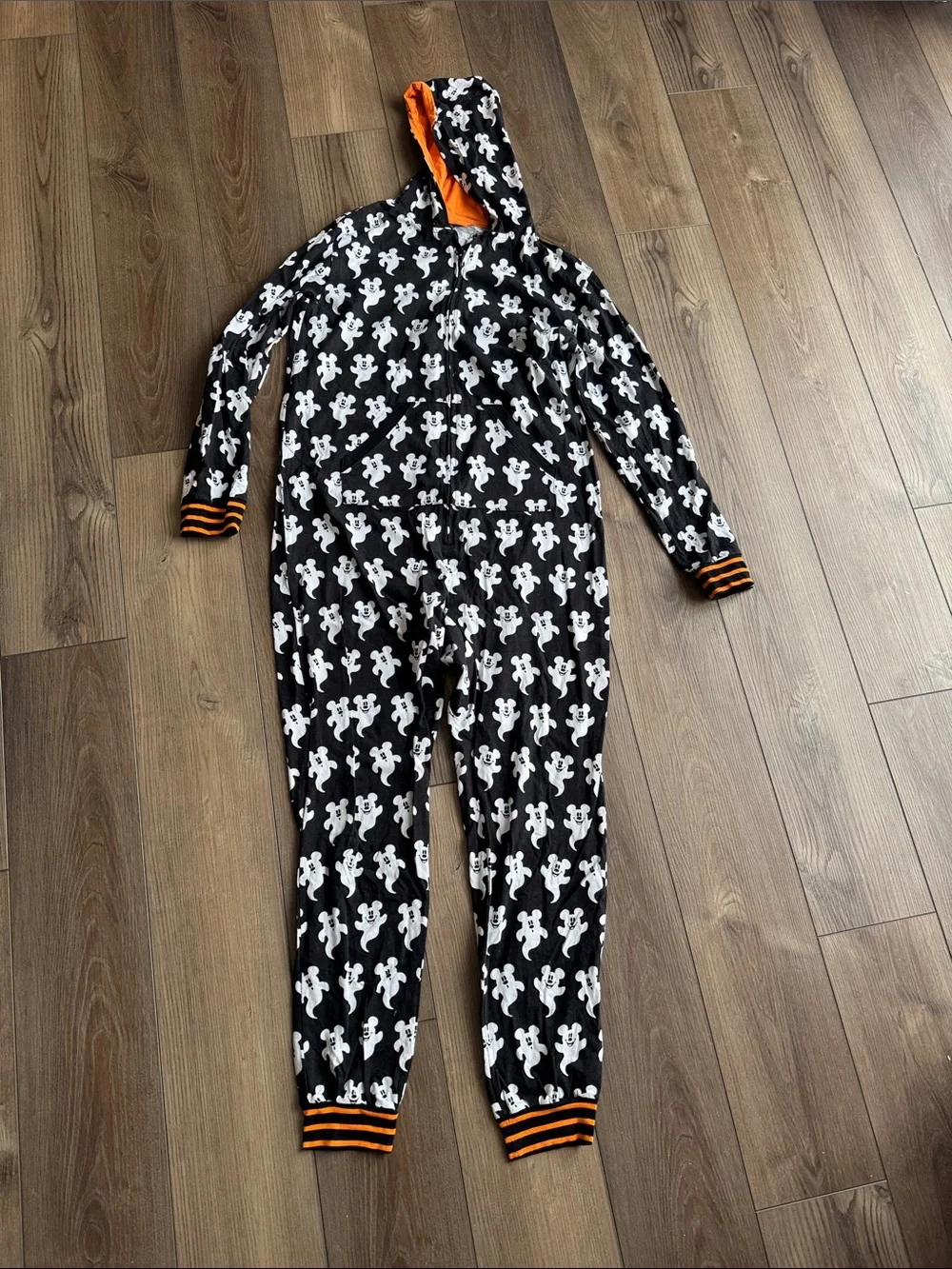 *Adult Disney Mickey Mouse Ghost-Print Hooded One-Piece Pajamas - Picture 1 of 6